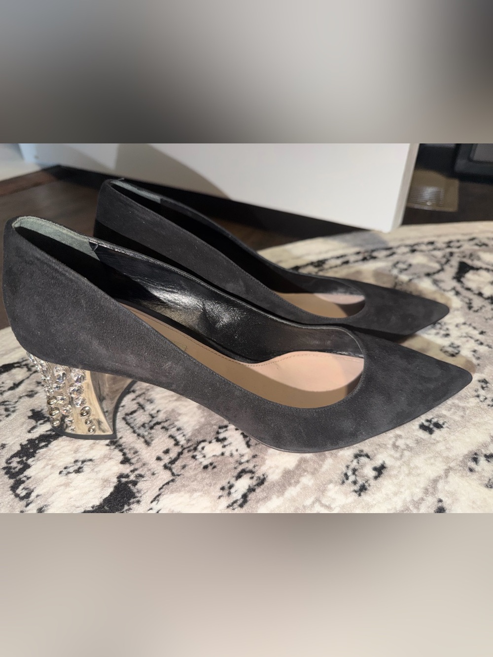 Black Suede Crystal-Embellished Block Heel Pumps - Brand: